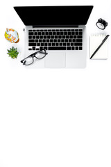 Creative flat lay photo of modern workplace with laptop, top view laptop background and copy space on white background, Above view shot of Computers on white background