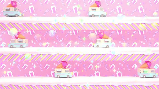 Cartoon sweet ice cream trucks animation. Soft pastel bubbles and shining stars effects. (Looped)