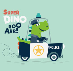 Cute dinosaur policeman riding a police car