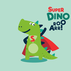 Funny dinosaur in superhero costume. Super Dino. Cartoon superhero standing with cape waving in the wind