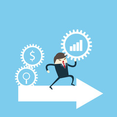 Businessman run with arrow and gear icon for money concept.