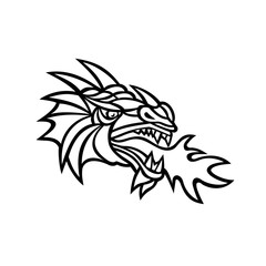 Mascot icon illustration of head of a mythical dragon breathing fire viewed from side on isolated background in retro style done in black and white.