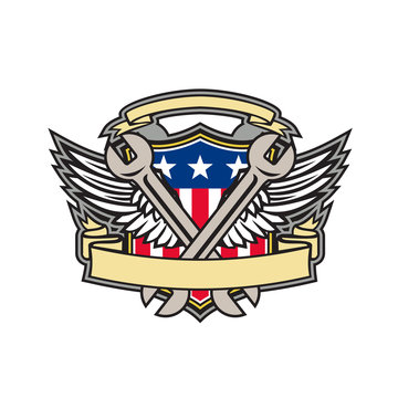 Mascot icon illustration of a crossed wrench with air force army wings and American USA stars and stripes flag inside shield on isolated background in retro style.