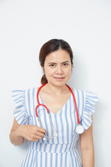female doctor nurse with red stethoscope