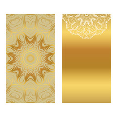 Card Template With Floral Mandala Pattern. Business Card For Fitness Center, Sport Emblem, Meditation Class. Vector Illustration. Gold color