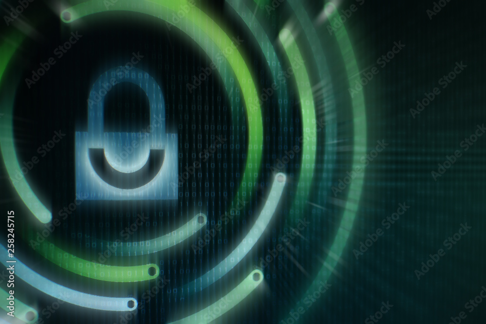 Poster White graphic symbol of a padlock on green binary computer display - computer data protection. Internet Business Cyber security system concept