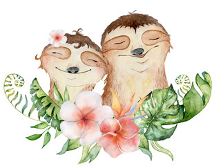Watercolor sloth bears. Couple in love cute portrait hand drawn illustration © EvgeniiasArt