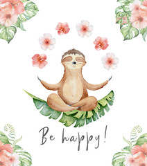 Watercolor yoga sloth in lotus position with flowers cute hand drawn illustration © EvgeniiasArt