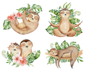 Sloth bears watercolor set hand drawn illustration with tropical leaves  © EvgeniiasArt