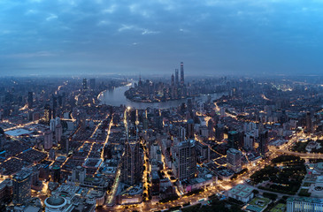 aerial view of East Nanjing Road, Shanghai, China. In dawn