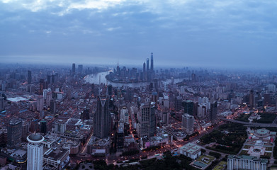 Fototapeta premium aerial view of East Nanjing Road, Shanghai, China. In dawn