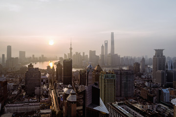 Obraz premium aerial view of East Nanjing Road, Shanghai, China. In dawn