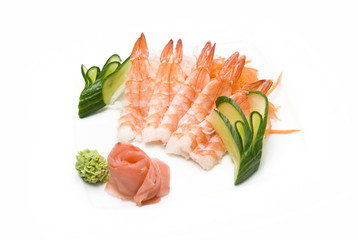 fresh shrimp with vegetables cucumber carrot and ginger isolated on white background