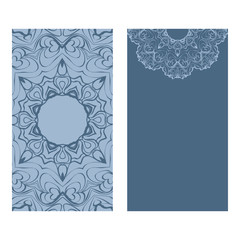 Design Vintage Cards With Floral Mandala Pattern And Ornaments. Vector Template. Islam, Arabic, Indian, Mexican Ottoman Motifs. Hand Drawn Background. Pastel blue color
