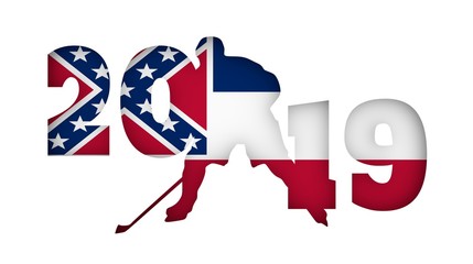 Professional hockey player and 2019 year number cutout silhouettes. Flag of the Mississippi on backdrop. 3D rendering