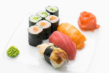 set of sushi with raw fish and eel isolated on white background