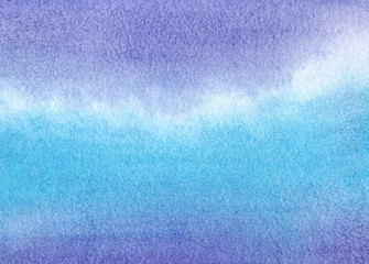 Fototapeta na wymiar Abstract textural background. Texture of paper toned by watercolor gradient from turquoise blue to purple, color.
