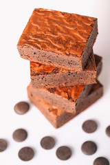 Close up sweet chocolate brownie on white background