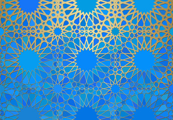 Abstract background with islamic ornament, arabic geometric texture. Golden lined tiled motif.