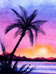 Dark silhouette of palm trees and bushes against a blue-violet-pink and yellow gradient.