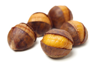 chinese food, peeled roasted chestnut on white background