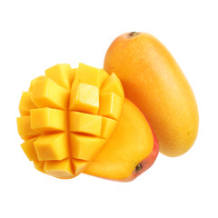 Mango slice cut to cubes close-up isolated on white background