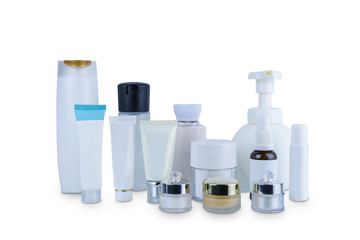 collection of various beauty cosmetic hygiene containers plastic bottle with body moisturising isolated on white background