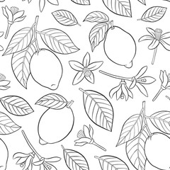 Lemons seamless pattern with leaves and flowers.
