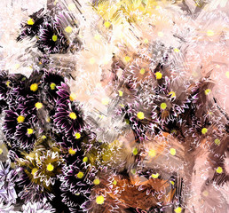 Floral grunge striped and stained background with stylized sketching small chrysanthemums