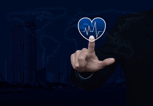Heart beat pulse flat icon over world map, modern city tower and skyscraper, Business medical health care service concept, Elements of this image furnished by NASA