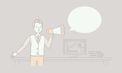 Businessman with megaphone concept. Linear character vector design.