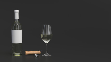 Mockup of bottle of wine with glass and corkscrew