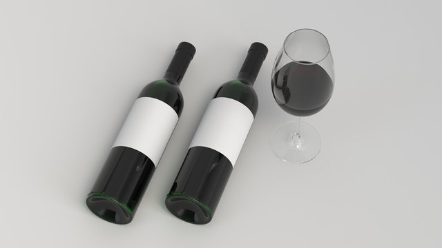 Mockup of two bottles of red wine with glass