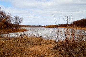 Spring landscape with river, yellow grass on the shore, trees without leaves and blue sky with white clouds in the background