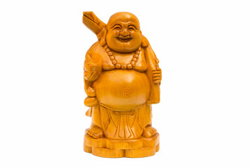 handicraft smiling wooden buddha made from wood fragrant on isolated on white background