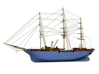 Polygonal sailing ship isolated on white background. 3D. Side view. Vector illustration