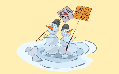 dissatisfied melting snowmen hold a picket with posters against global warming and environmental pollution. peaceful demonstration