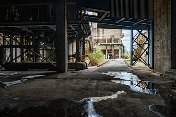 the workshop of old abandoned industrial steel factory