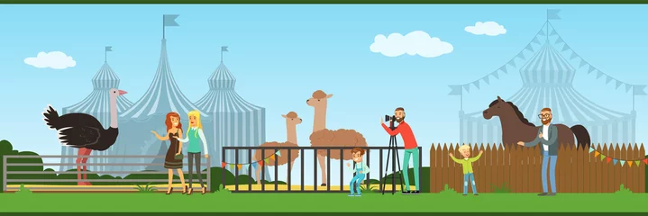 Tuinposter People visiting zoo and watching animals at excursion vector Illustration in flat style © topvectors