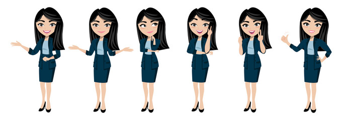 Businesswoman character or Businesswoman cartoon in different poses set vector illustration