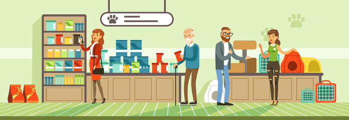 People shopping for their pets at pet shop, visitors buying food products and medicaments vector Illustration in flat style