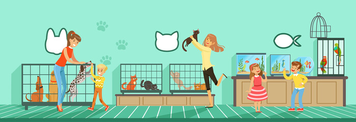 People buying pets from pet store Illustration in flat style