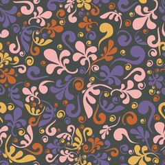botanical freehand swirl doodles flat minimal vintage colorful tone seamless pattern vector with dark background