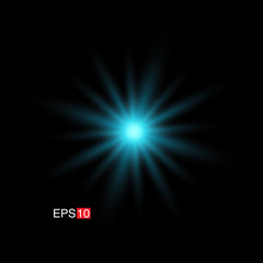 isolated cyan Rays with lens flare, Sun flare, flare on the black background. Transparent Vector Illustration