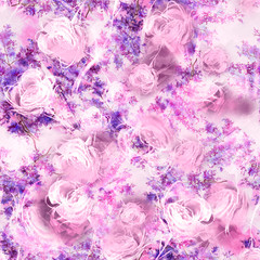 Watercolor vintage seamless pattern, floral pattern, pink, white, roses,  lilac, lavender, buds. Plants, flowers, grass in floral background. A bouquet of pink flowers in watercolor. Abstract paint 