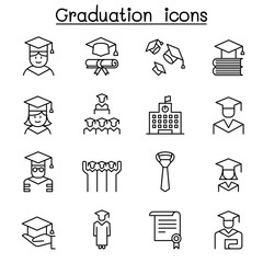 Graduation and commencement icon set in thin line style