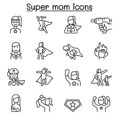 Super mom, super woman, Hero icon set in thin line style