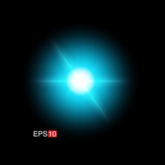 isolated cyan Rays with lens flare, Sun flare, flare on the black background. Transparent Vector Illustration