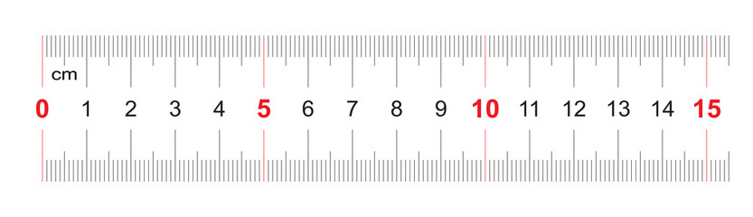 Ruler of 150 millimeters. Ruler of 15 centimeters. Calibration grid. Value division 1 mm. Precise length measurement device. Two-sided measuring instrument.