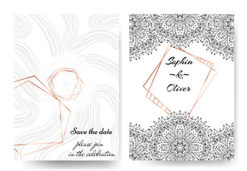 Modern styled invitation on wedding with gold frames and hand drawn mandala on white background